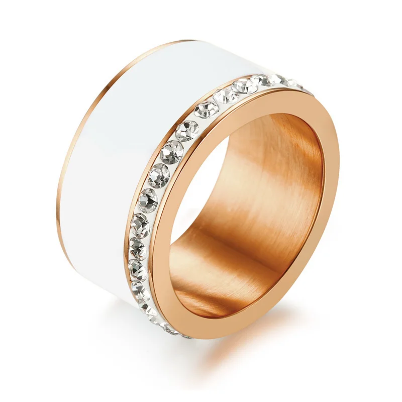 Stylish Modern Wide Rings Ladies Rose Golden Stainless Steel CZ White