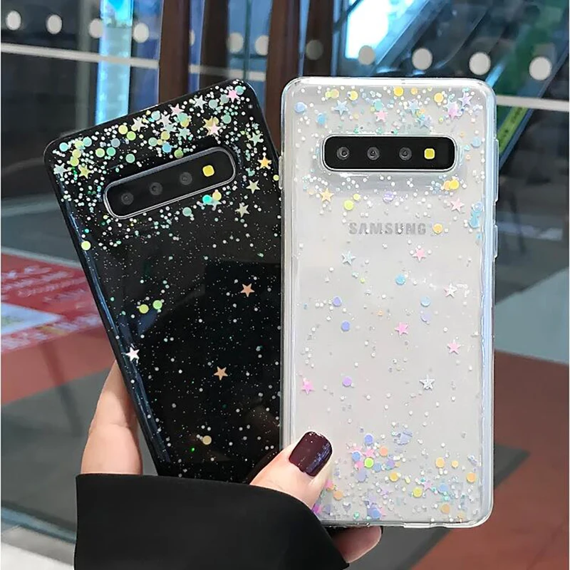 YHBBCASES For Samsung Galaxy S8 S9 S10 Plus Fashion Colorful Bling Paillettes Stars Clear Soft Cover For Samsung Note 8 9 Cases