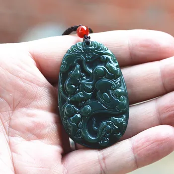 

Drop Shipping Natural Dark Green HETIAN Nephrite Stone Pendant 3D Carved Amulet Lucky Pendant Necklace Men Jades Jewelry