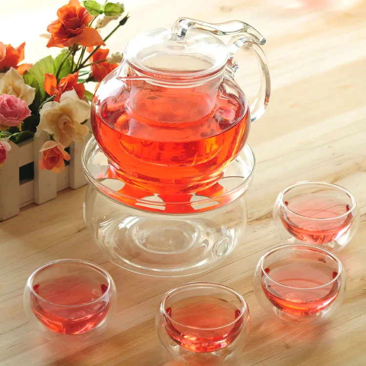 Clear cups Элегантный 600 мл Стекло чайник с заварки/фильтр+ 4/6 Чашки+ Теплее+ свечи, чайный набор для заваривания травяных/цветок/черный/Пуэр/Блум чай - Цвет: Clear cups