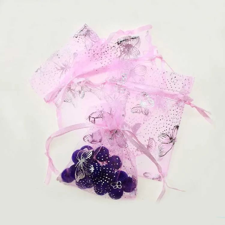 

15*20cm 50pcs Pink Silver Butterfly Gift Bags For Jewelry/wedding/christmas Yarn Bag With Handles Packaging Organza Bags