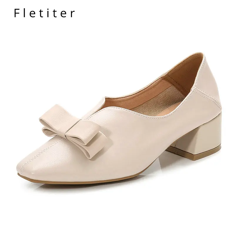 

Fletiter 2019 Women Shoes Summer low Heels 4CM Pumps Square Heels Shoes Beige comfort Office Lady Working Shoes Plus Size 33-43