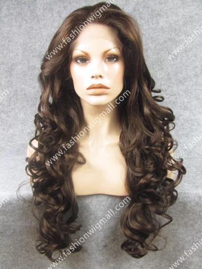 

Free Shipping 26" Long  #6/8 Mix Brown Wavy Heat Friendly Fiber High Quality Heavy Density Fashion Lace Wig W05