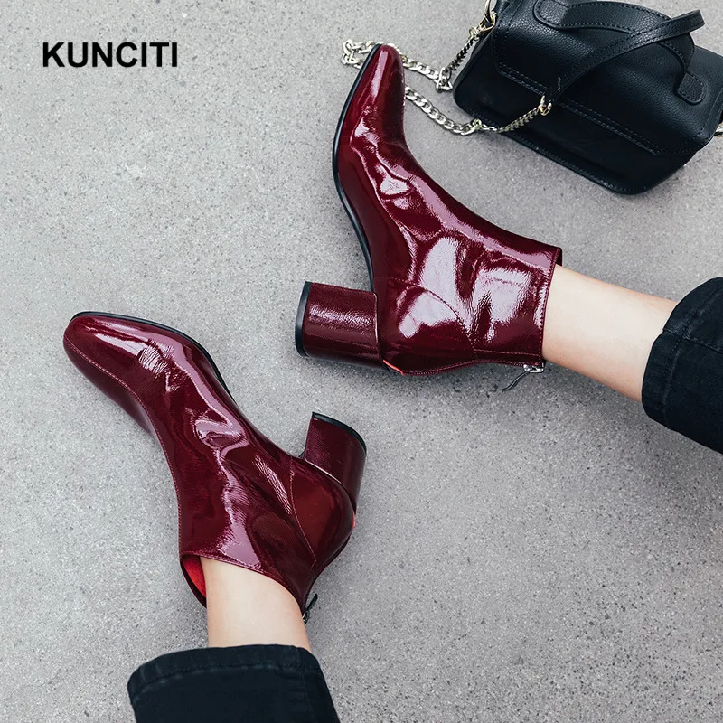 

2019 KUNCITI High Heels Boots Women Patent Leather Ladies Short Shoes New Fashion Chunky Heel Ankle Booties Runway Shoes D910