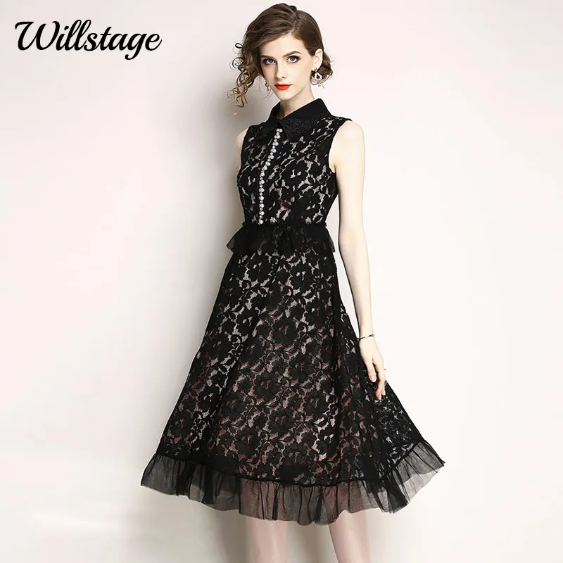 

Willstage Little Black Dress Mesh Patchwork Mid Dresses Women Sleeveless Slim Elegant High Quality Vestidos office ladies Wear