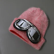 Модные ветрозащитные шапки с очками для мужчин и женщин, зимняя шапка Gorros, ангольская вязаная шапка из кроличьей шерсти, Женская индивидуальная Лыжная шапка унисекс