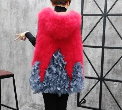 Новинка, женский жилет из натурального страусиного меха, вязаная Меховая куртка с капюшоном, меховое пальто с перьями, градиентный цвет, юбка, подол F1006 - Цвет: red gray