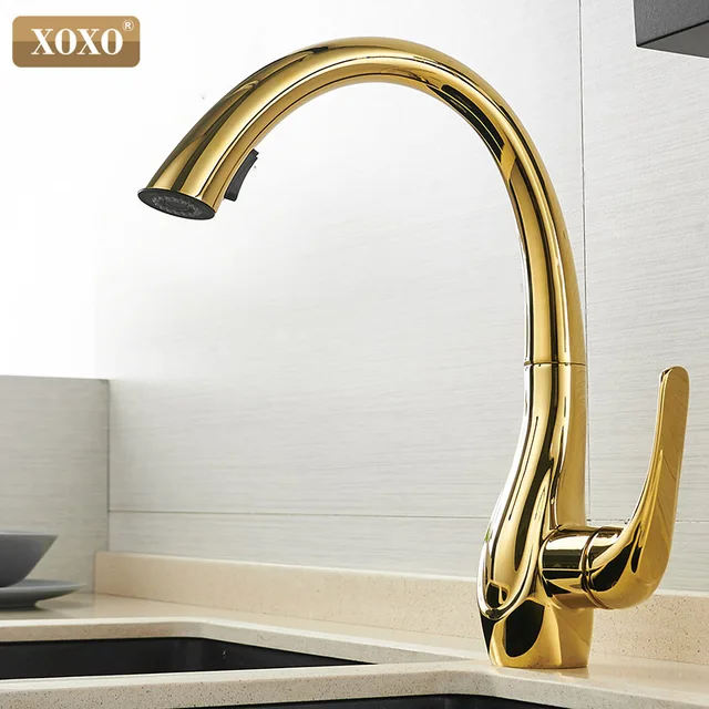 Best Offers XOXO Kitchen Faucet Cold and hot Pull Out Kitchen Tap Golden Single Hole Handle 360 Degree Water Mixer Tap Torneira Cozinha83038