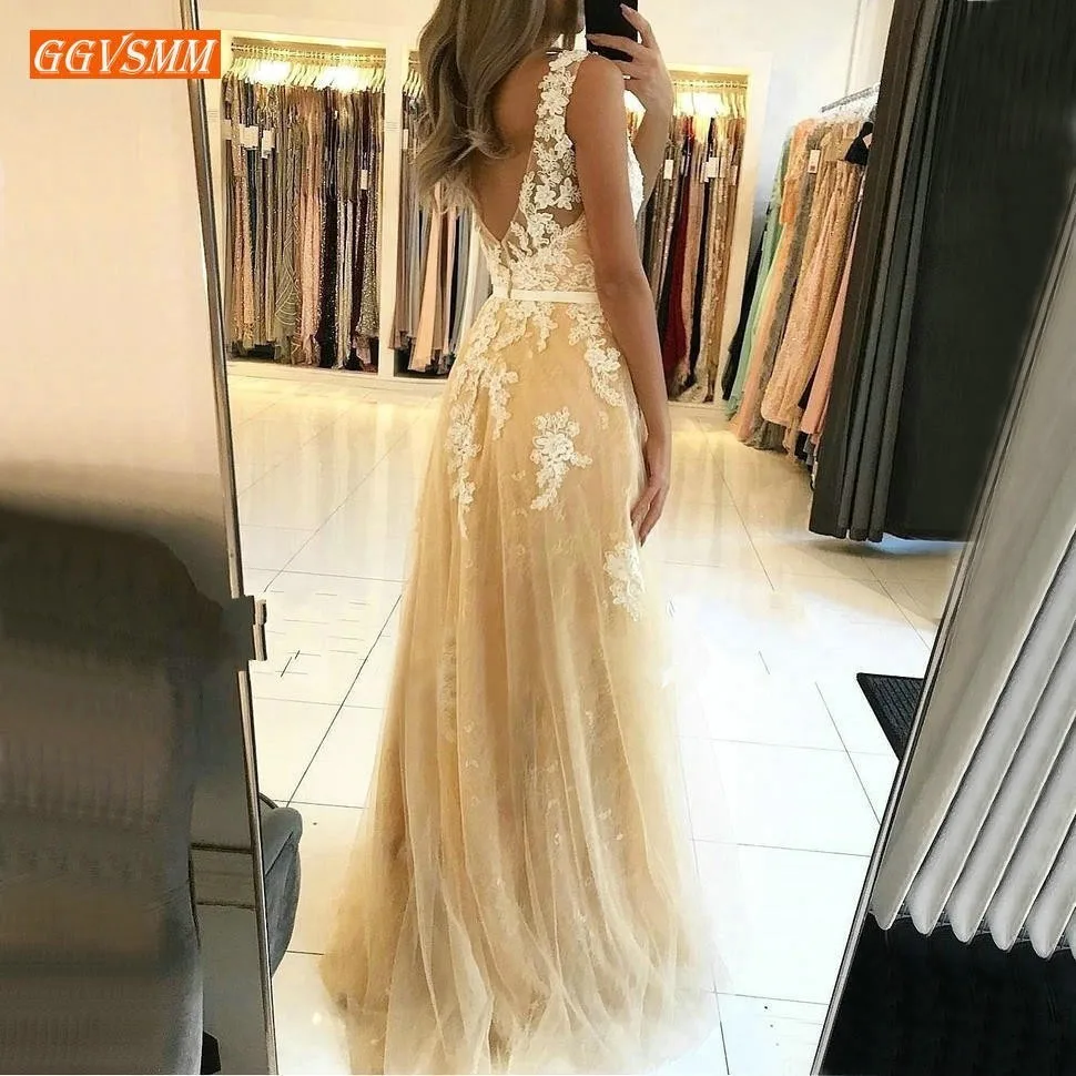 Elegant V Neck Gold Prom Dresses Prom Gowns Long Banquet Tulle A Line Lace Appliques Customized Women Party Formal Dress