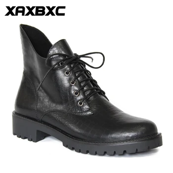 

XAXBXC Retro British Style Leather Brogues Oxfords Black Short Boot Women Boot lower Heel Pointed Toe Handmade Casual Lady Shoes