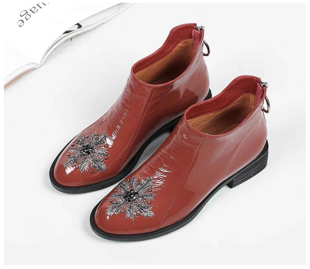 SPHITINA/Специальные женские ботинки с цветочным рисунком; пикантные удобные туфли из лакированной кожи высокого качества с круглым носком; новые ботинки на квадратном каблуке; PO215