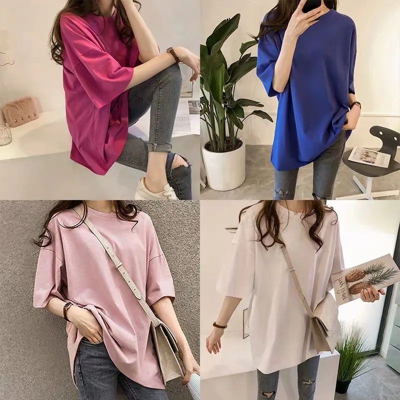 

Short sleeve women t-shirt tops & tees 2019 New spring sweet girl white harajuku plus size Solid color long clothing pink shirt