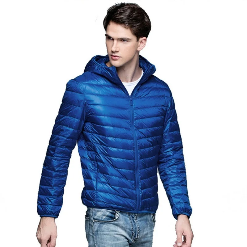 Осенне-зимняя мужская уличная легкая тонкая пуховая куртка с капюшоном, стоячий воротник, пальто на молнии, Мужская однотонная верхняя одежда большого размера 5XL