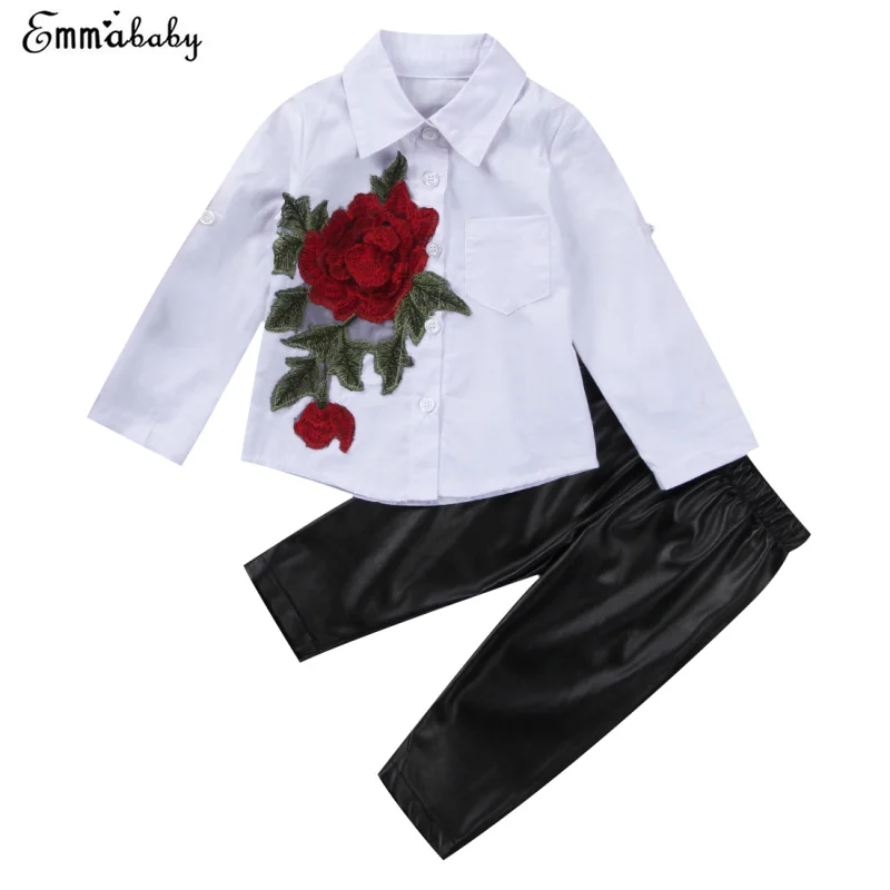 

2017 Kids Baby Girl Clothes Long Sleeve Blouse Outfit White Floral T-shirt Square Collar Tops+PU Leather Leggings Pants Set