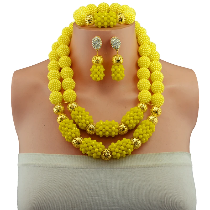 

african beads jewelry set handmade crystal bridal nigerian wedding bead necklace set Opaque Yellow