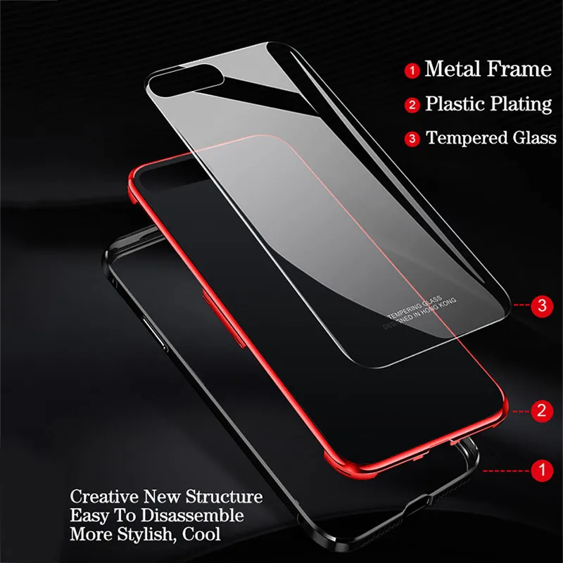 Luxury Metal Bumper Case For iPhone 7 8 Plus Original Hard Tempered Glass Cover 360 Full Protect Ba
