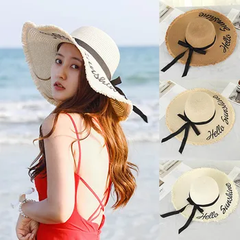 

Hot Weave Sun Hats Straw Hat Black Ribbon Tie Up Caps for Women Summer Beach Outdoor DO2
