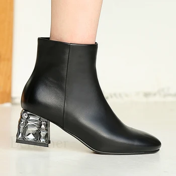 

BERZIMER Fashion Genuine Leather Women Ankle Boots Winter Kid Suede Crystal Heels Party Botas Mujer Shoes Woman Black Size 34-43
