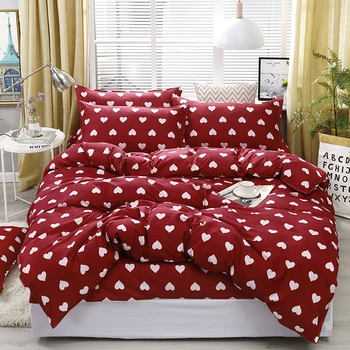 

4pcs/set Red Full Of Love Printing High Quality Bedding Set Bed Linings Duvet Cover Bed Sheet Pillowcases Cover Set