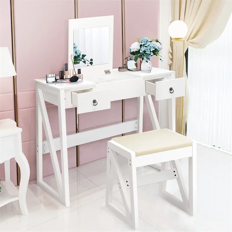 

Vanity Dressing Table Set Flip Makeup Mirror Stool with 2 Drawers 9 Storage Compartments Flip Mirror Bedroom Furniture HW59397