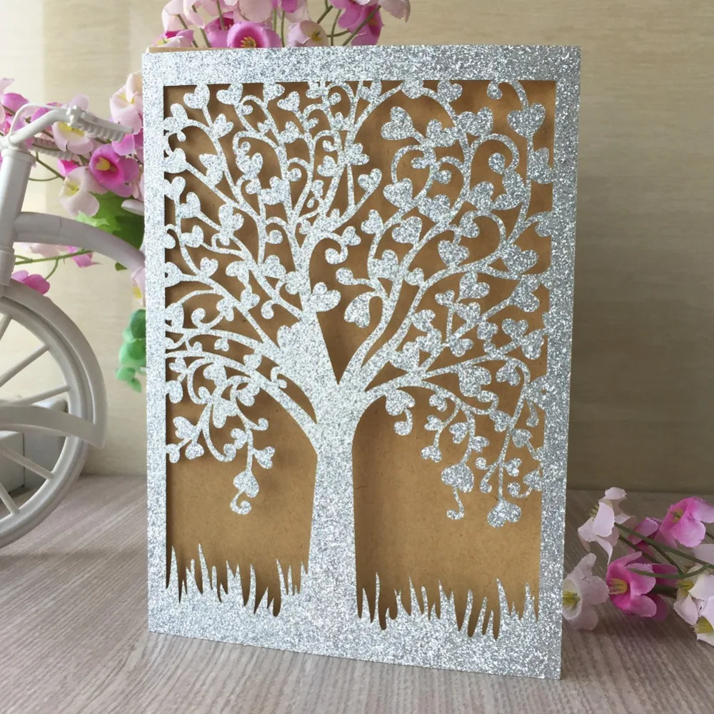 20pcs Laser Cut Chic Tree Invitation Silver Gold Glitter Card craft laser cut folded wedding party birthday invitation card | Дом и сад