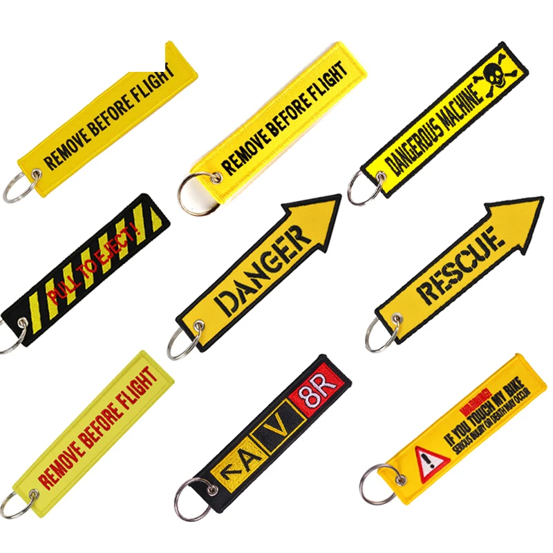 

Wholesale Remove Before Flight Keychain Key Ring Embroidery auto Key Chains for Motorcycle ATV Car Key Tag Yelloew Danger Key