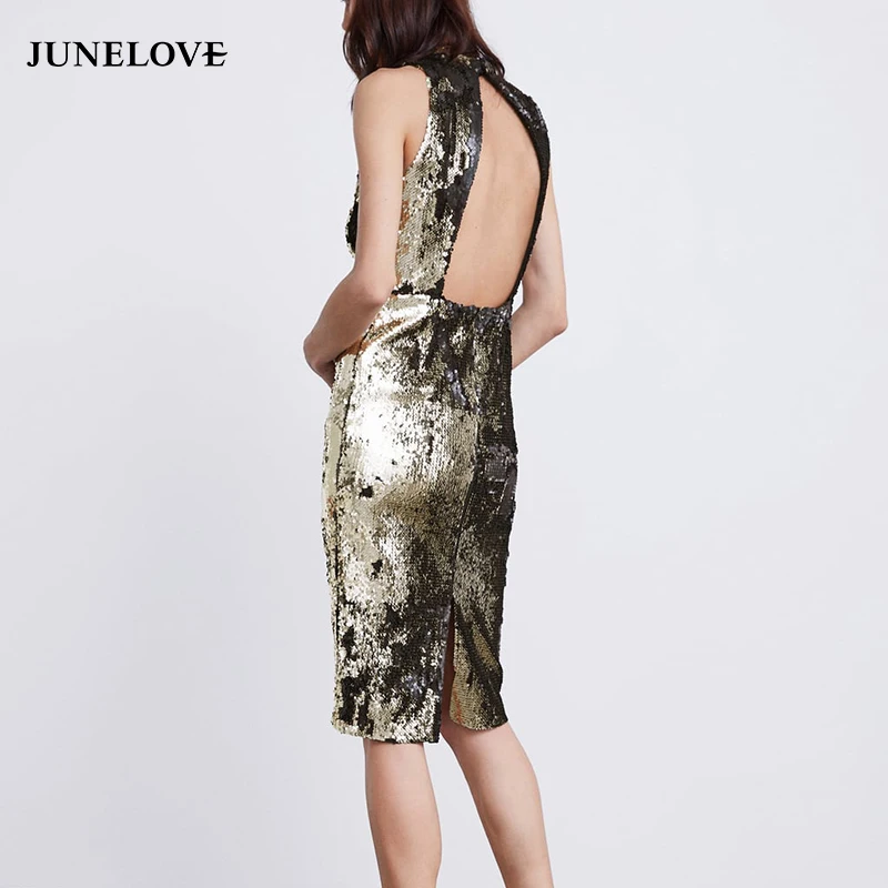 

JuneLove Women Spring Sexy Backless Midi Dress Vintage Sleeveless Female Sheath Bodycon Dress Casual Sequined Lady Split Dress