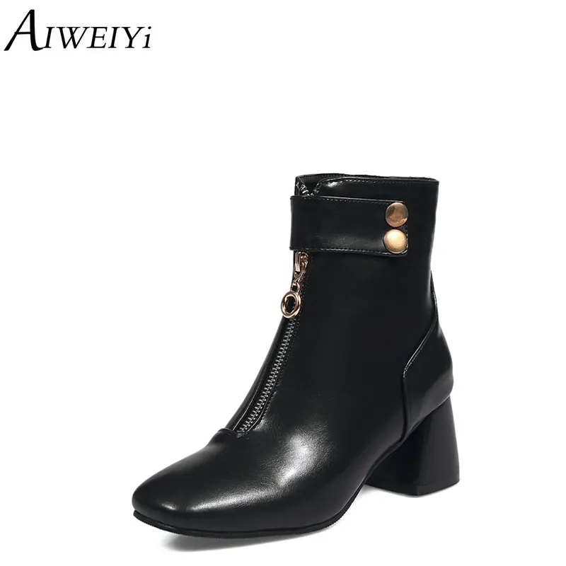 

AIWEIYi Ankle Boots for Women Soft PU Leather Square Toe High Heels Ankle Boots Black White Winter Martin Boots
