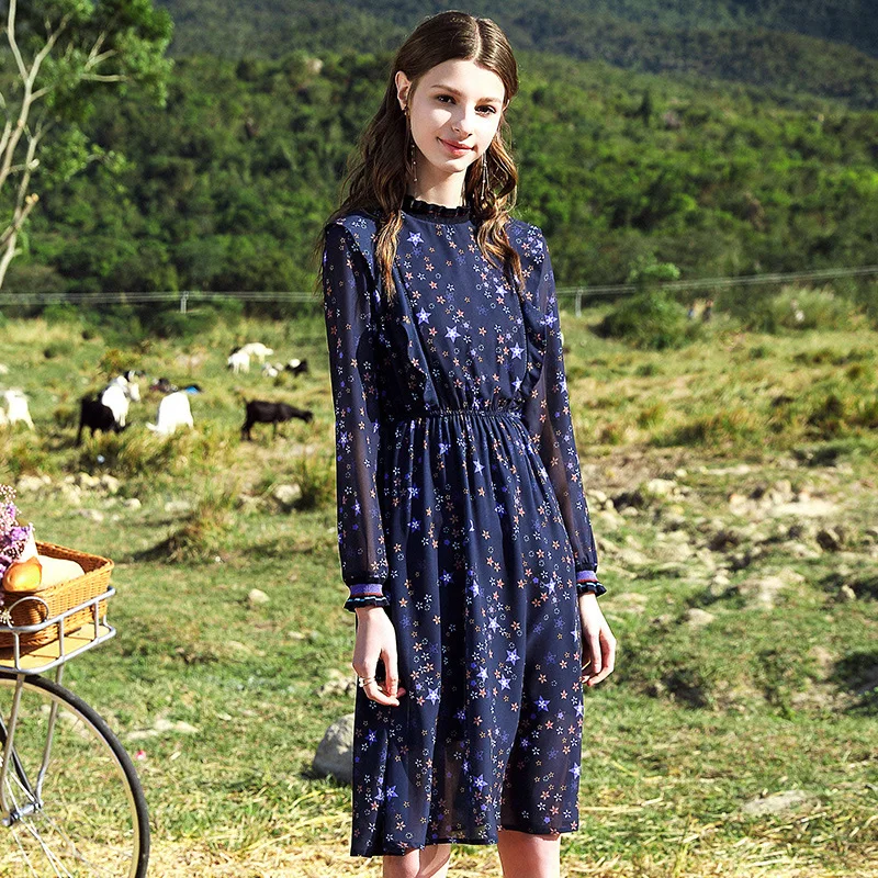 

French dress 2019 spring new women's long sleeve printed chiffon dress 63179