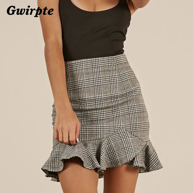 

Gwirpte Gray Irregular Ruffles Plaid Summer Ruffles Skirt Women Preppy Style Skirts high waist midi skirt 2018 faldas mujer