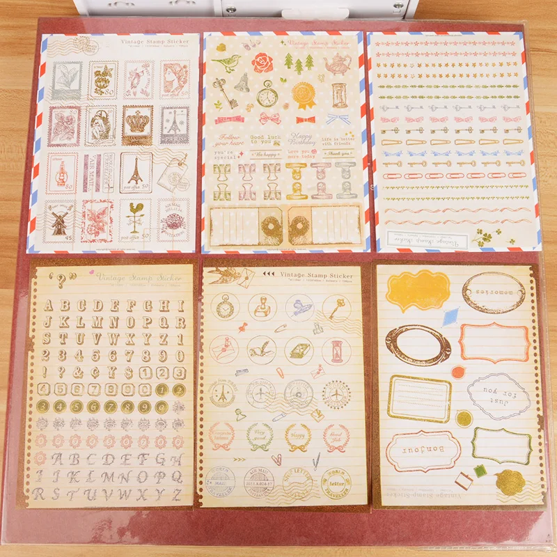 6sheets vintage stamp design paper stationery label stickers for scrapbooking letters clip clock shape craft