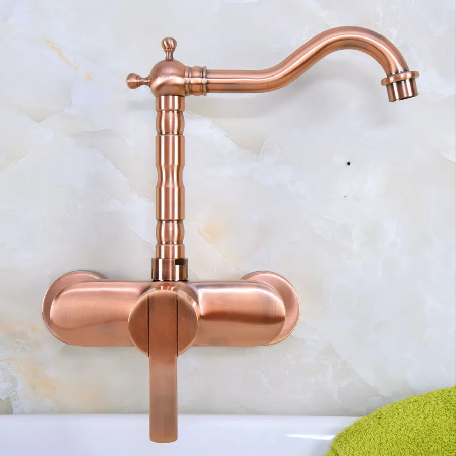 Antique Red Copper Brass Wall Mounted Bathroom Kitchen Sink Faucet Swivel Spout Mixer Tap Single Handle Lever anf936