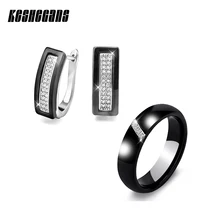 Модные ювелирные наборы, u-образные серьги-гвоздики и кольца, черный, белый цвет, керамика, стразы, для женщин, элегантные, свадебные подарки