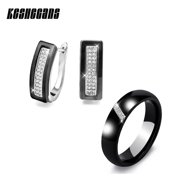 Fashion Jewelry Sets U Shape Stud Earrings & Rings Black White Ceramic With Blin Fashion Jewelry Sets U Shape Stud Earrings & Rings Black White Ceramic With Blin
