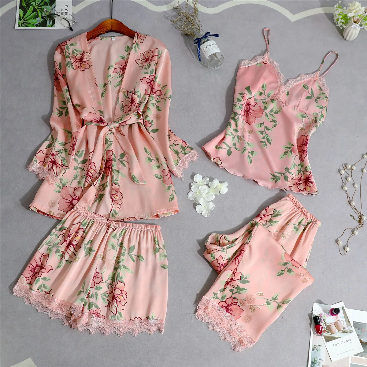 Розовая женская домашняя ночная рубашка, комплект из 4 предметов: топ на бретелях и штаны, пижама комплекты одежды для сна, сексуальное весеннее кимоно халат Bathrobe