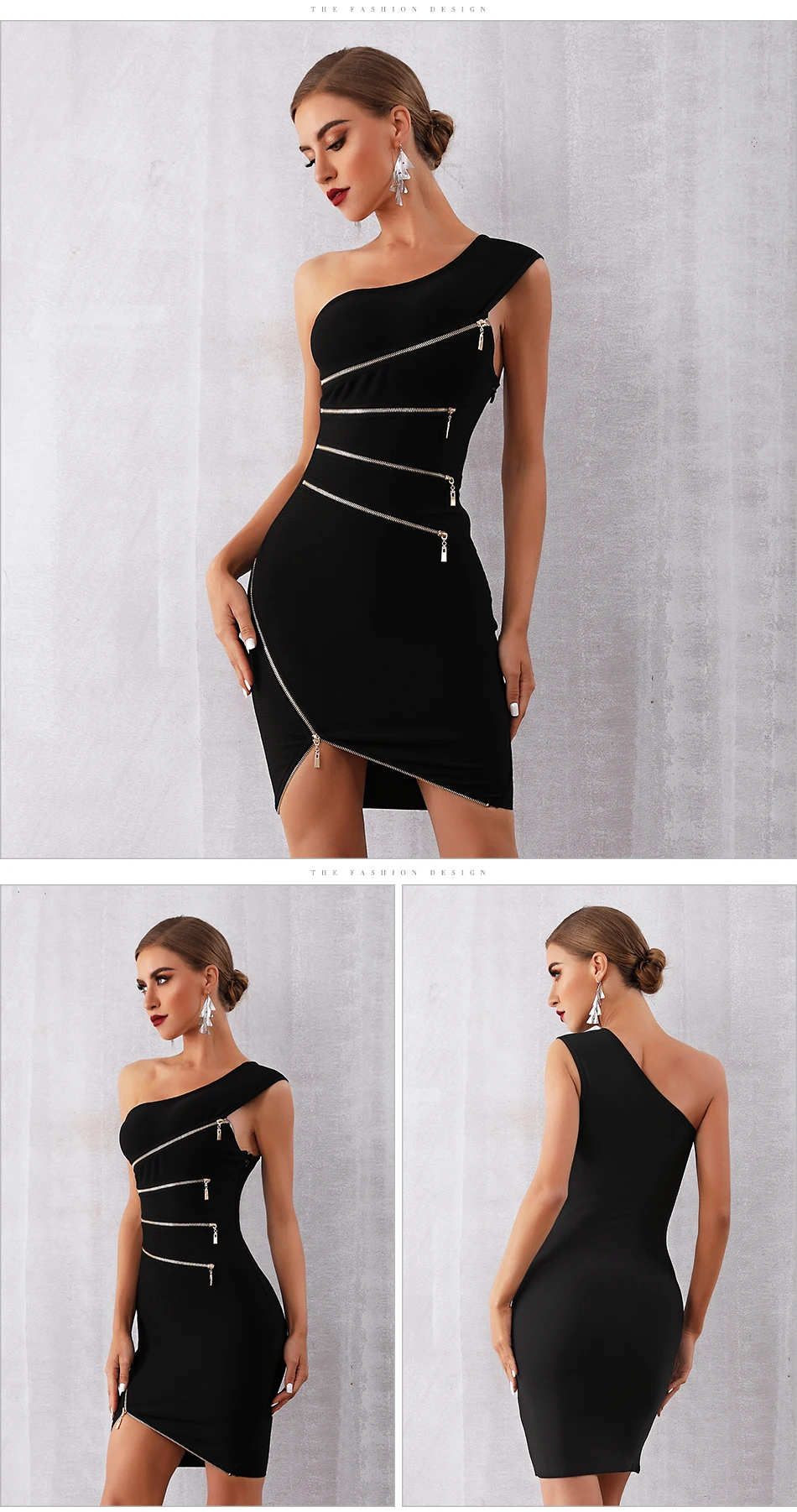 Elegant One Shoulder Zipper Black Club Party Bandage Dress