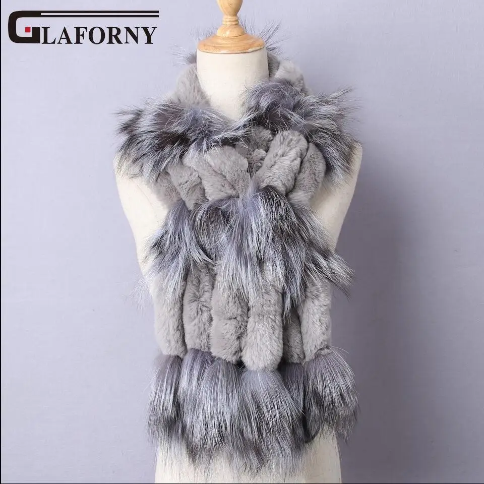 Glaforny ручной работы Для женщин мода шерсти кролика, декоративного кролика, шарф с мехом черно-бурой лисы меха женские зимние теплое пальто шерстяной шарф - Цвет: grey- silver fox