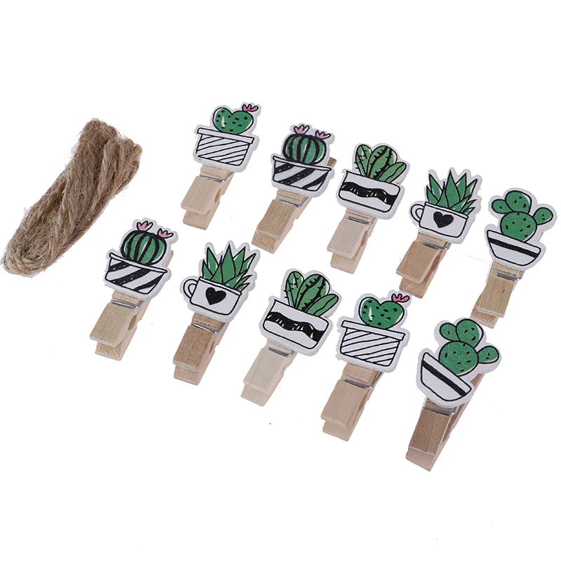

10 pcs/lot Creative Fleshy flower wood clip Photo For Clothespin Craft Clips Party decoration Clip with Hemp Rope Party Supplies