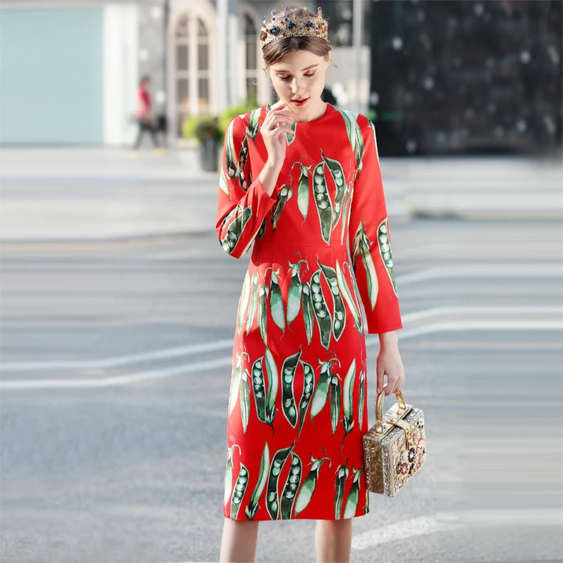 

2018 Spring New Elegant Pretty Peas Print Dress High Quality Elegant Full Sleeve Knee Length Slim Fashion Women Sweet Dress