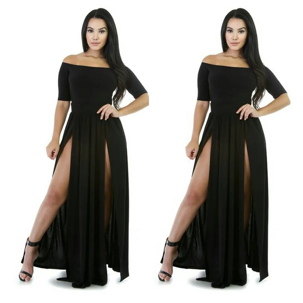 Черное женское платье с вырезом лодочкой и двойным разрезом, длинное сексуальное Клубное платье с открытыми плечами и полурукавом с открытой спиной#1218