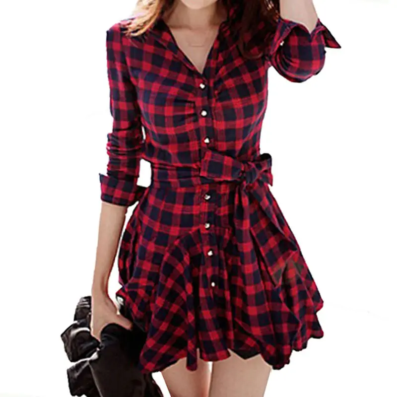 Mujeres Negro Rojo A Cuadros Vestido de 2016 Nuevo Estilo de Muy Buen Gusto  Ocasional Da Vuelta abajo de Manga Larga Mini Vestidos de Otoño Invierno  Vestidos|dress vestidos|red plaid dresswinter dress -
