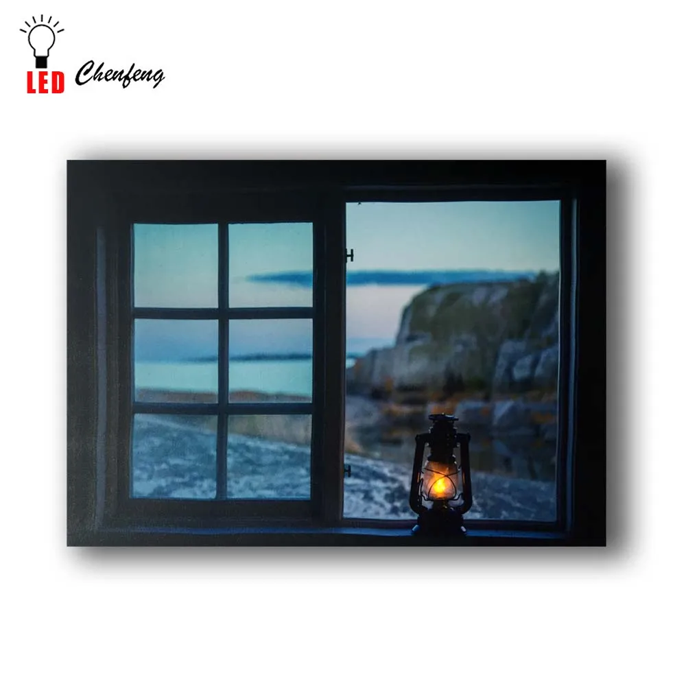 

Led Canvas painting retro lantern in window seascape wall picture illuminated canvas print and poster light up decor 16x24IN