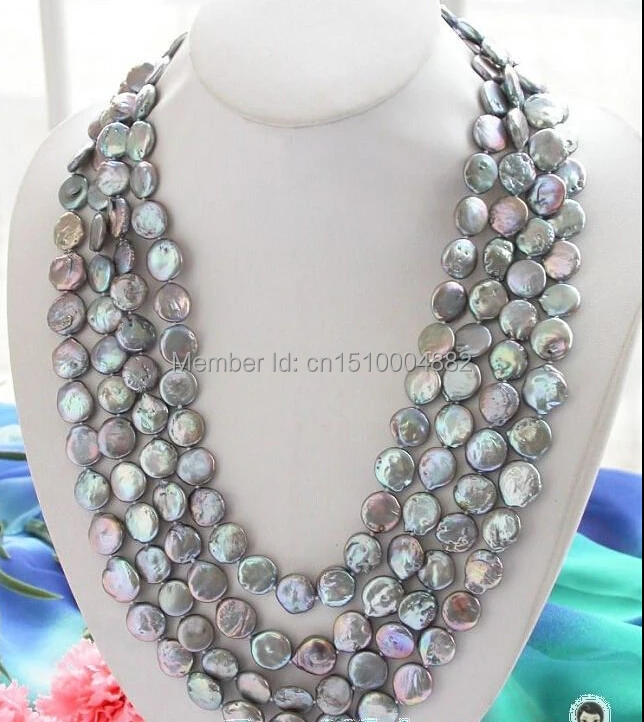 

shitou 00436 Long 100" 14mm gray coin freshwater pearl cultured necklace