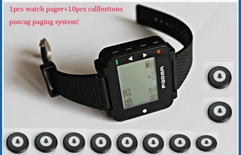 

10pc 1key callbutton+1pcs watch pager , POCSAG wireless calling system button,paging system long signal distance ,alpha pager