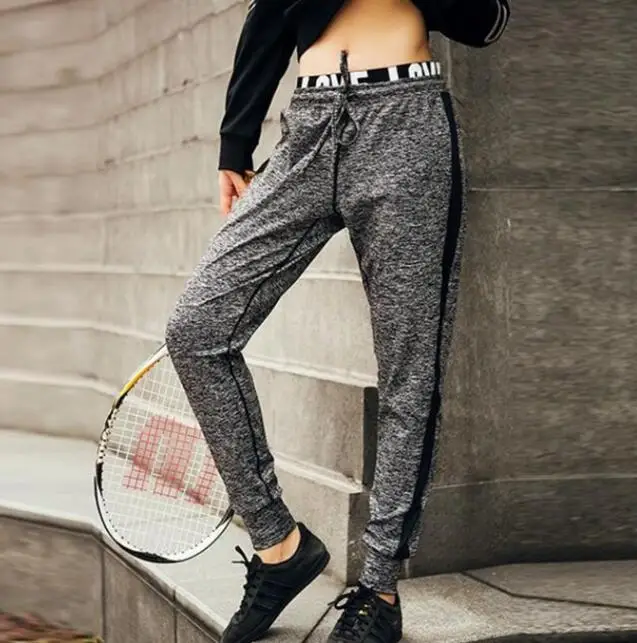 Женские спортивные штаны для бега, йоги, Регулируемая Талия, штаны для бега, с буквенным принтом - Цвет: Серый