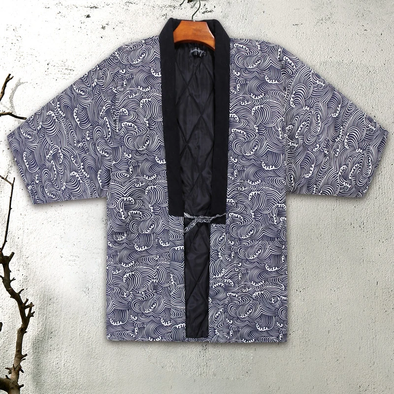 Autumn Winter Male Kimono Haori Thick Warm Cotton-Padded Jacket Casual Home Clothes Men Solid Color Loose Overcoat One Size