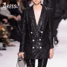 INDRESSME New Women Fashion Sequins Deep V Double Breasted Dress Long Sleeve Party Club Sexy Jacket Office Lady Solid