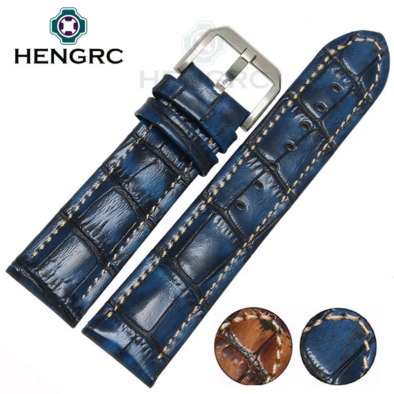 Genuine Leather Watch Band Strap 20mm 22mm Brown Blue High Quality Men Watchbands Pin Buckle Genuine Leather Watch Band Strap 20mm 22mm Brown Blue High Quality Men Watchbands Pin Buckle