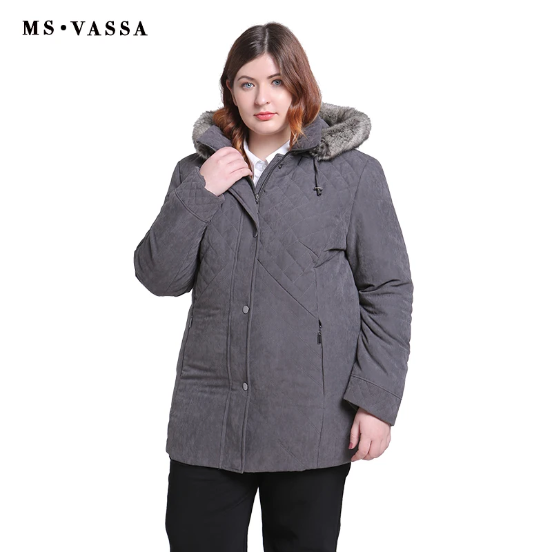 MS VASSA Women Parkas plus size 2018 New Winter Autumn Jackets Turn-down collar removed hood with fur Ladies big size outerwear