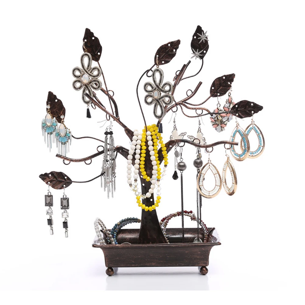 

PIXNOR Metal Necklace Tree Design Jewelry Hangers Earring Holder Stand with Ring Dish Tray for Jewellery Display